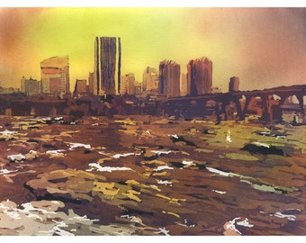 Richmond VA Watercolor Painting Original Skyline Art Sunset Landscape