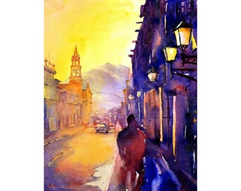Watercolor painting Morelia, Mexico home decor watercolor painting landscape, Morelia painting fine art Mexico wall art travel (print)