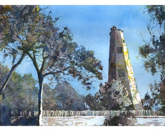 May include: A watercolor painting of a tall, white lighthouse with a blue sky and green trees in the foreground.