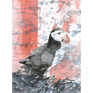 Dipinto ad acquerello colorato, decorazione per cameretta bambini con animali islandesi, pulcinella di mare, articoli da viaggio essenziali, arte murale alla moda, opera d'arte sulla fauna selvatica, giclée (stampa)