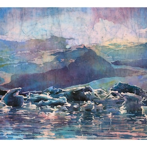Ghiacciai islandesi, iceberg galleggianti, mare, acquerello, batik, decorazioni per la casa islandesi, spiaggia di diamanti islandese, Parco Nazionale di Vatnajökull (stampa)