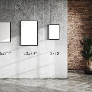 May include: Four black picture frames of different sizes hanging on a concrete wall. The frames are empty and have a white background. The frames are labeled with their dimensions: 11x14", 16x24", 20x30", and 12x18".