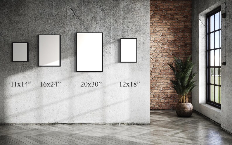 May include: Four black picture frames of different sizes hanging on a concrete wall. The frames are empty and have a white background. The frames are labeled with their dimensions: 11x14", 16x24", 20x30", and 12x18".