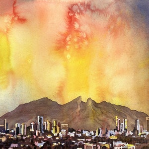 Pintura del horizonte de Monterrey, México. Pintura de acuarela de bellas artes de Monterrey, México al atardecer arte acuarela impresión México (impresión)