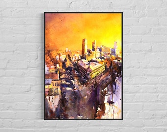 Raleigh skyline sunset North Carolina watercolor painting home decor colorful trendy wall art, landscape sunset architecture giclee (print)
