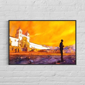 Kleurrijk schilderij Quito Ecuador zonsopgang aquarel, Quito skyline landschap Zuid-Amerika trendy muur kunst handgemaakt item wand decor print afbeelding 1
