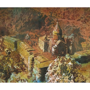 Geghard Monastery near Yerevan Armenia colorful watercolor landscape painting Armenia ruins handmade batik painting unframed artwork