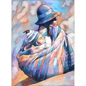 Bunt Aquarell Malerei Cusco Peru Quechua Frau Baby, Reiseutensilien trendige Wandkunst Machu Picchu Südamerika (original art)