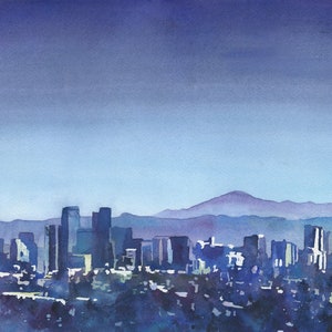 Landscape painting Denver Colorado skyline sunset giclee, watercolor painting Denver CO architecture print trendy wall art cityscape (print)