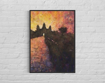 Angkor Wat ruins at sunset in Cambodia. Fine art watercolor painting of Angkor Wat temple at sunset, home decor Angkor temples watercolor