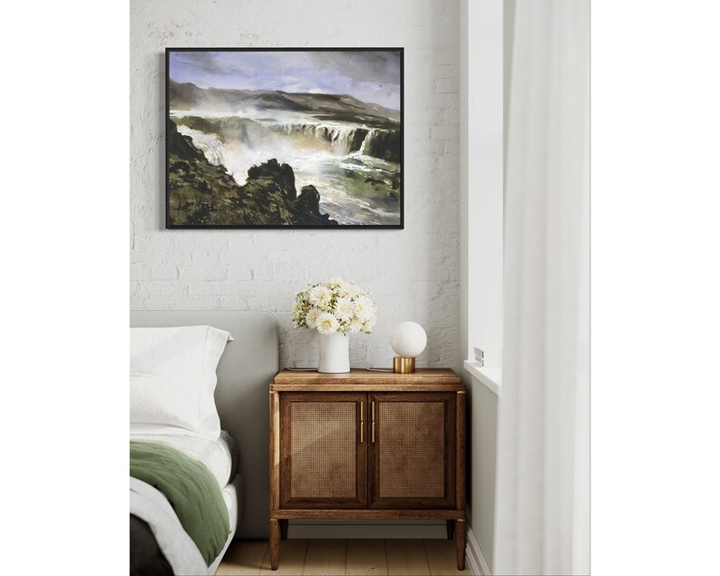 Iceland Godafoss Waterfall Watercolor Painting: Icelandic Landscape Art ...
