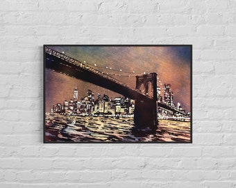 Brooklyn Bridge & skyline of Manhattan at sunset in New York City- New York, USA Watercolor painting, NYC skyline art watercolor art (print)
