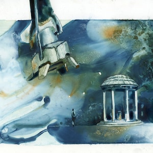 UNC Old Well Chapel Hill wordt aangevallen door robotvoet in North Carolina. Aquarel UNC Well NC universiteitsrobotaanval grappig (afdruk)