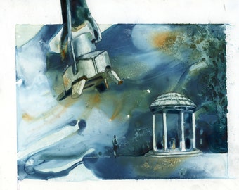 Chapel Hill UNC Old Well wordt aangevallen door robotvoet: North Carolina. Aquarel college decor kunst voor alumni universiteit (afdrukken)