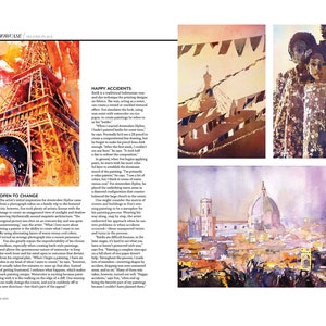 May include: A watercolor painting of the Eiffel Tower in Paris, France. The tower is painted in shades of orange, yellow, and red, with a dark blue sky in the background. The painting is titled "Open to Change" and the artist's name is Amanda Day.