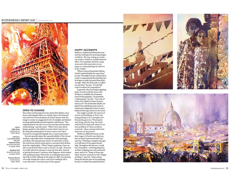 May include: A watercolor painting of the Eiffel Tower in Paris, France. The tower is painted in shades of orange, yellow, and red, with a dark blue sky in the background. The painting is titled "Open to Change" and the artist's name is Amanda Day.
