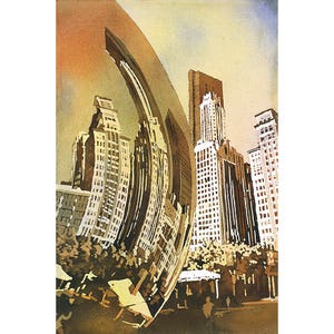 Chicago Watercolor Painting Original Skyline Art Bean Architecture Landscape Print Trendy Wall Decor Handmade Urban Home Accent