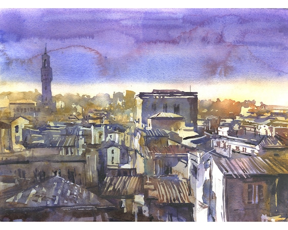 フィレンツェ イタリア 水彩画 - 都市景観 壁アート 夕焼け 建築