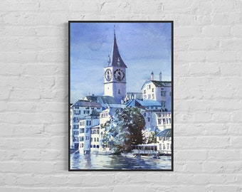 Watercolor landscape Zurich Switzerland travel essentials, art for house Swiss church trendy wall artwork religious architecture (print)