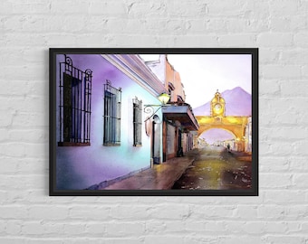 Colorful watercolor painting Antigua Guatemala trending now housewarming gift handmade item cityscape artwork giclee sunset decor (print)