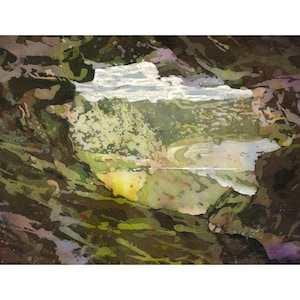 May include: A watercolor painting of a rocky landscape with a view of a valley and a river. The painting is done in shades of brown, green, and blue.