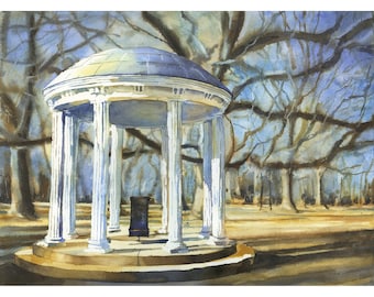 UNC Old Well-schilderij.  University of North Carolina Old Well fine art aquarel schilderij- Chapel Hill, NC.  UNC-fotohuisdecoratie (afdruk)
