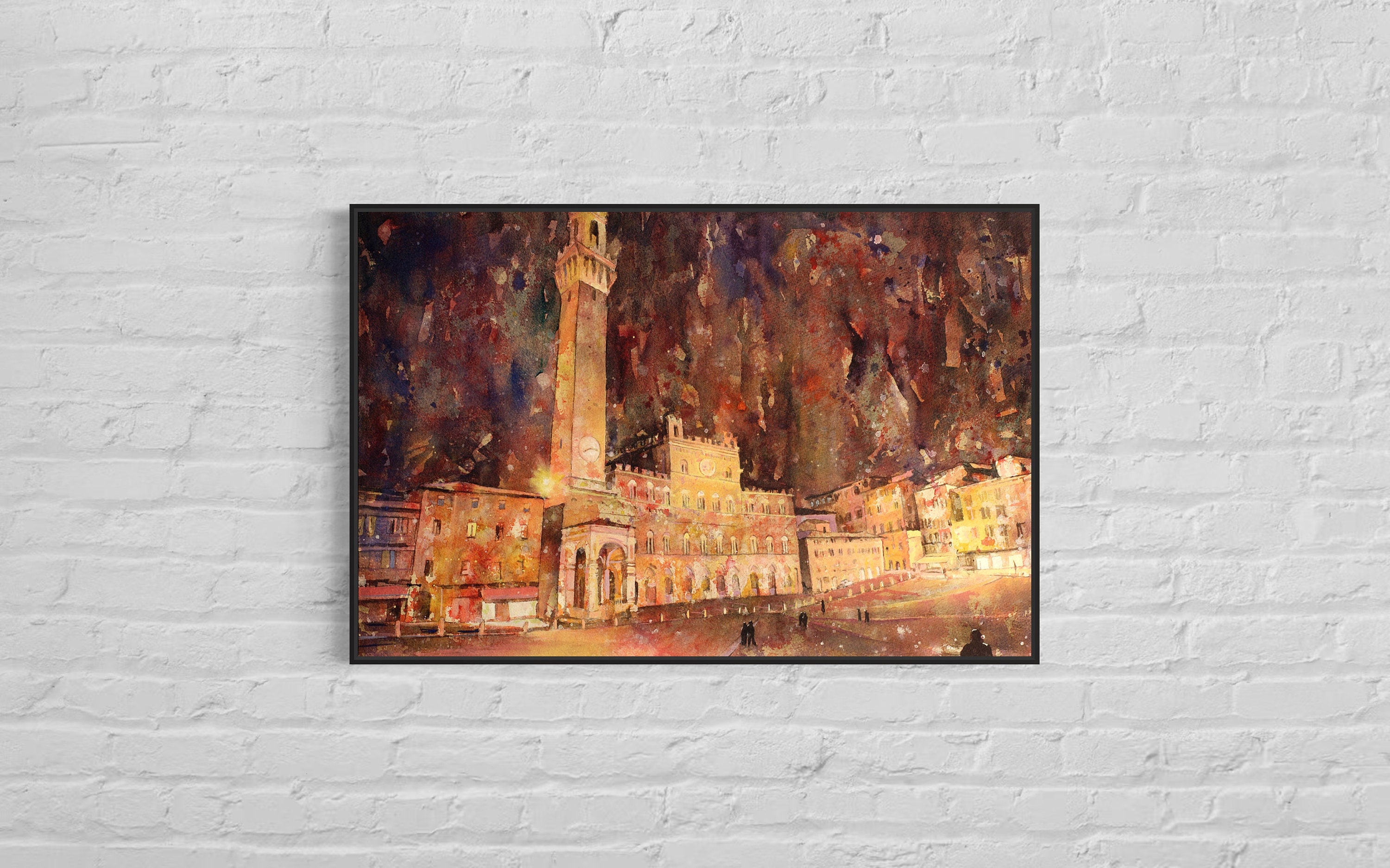 シエナ イタリア 美術絵画 - カンポ広場。シエナ 絵画 水彩画