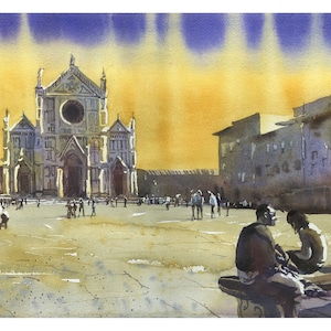 Schilderij Florence Italië kerk van Santa Croce zonsondergang kleurrijke muur kunst Europese stad Florence Italië artwork aquarel decor (originele kunst)