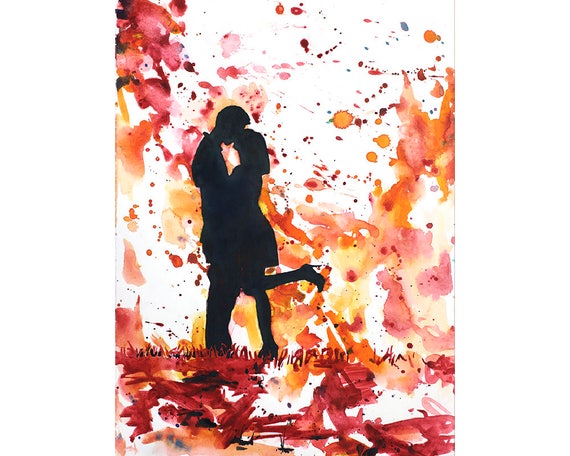 カップルがキスをする水彩画、ロマンチックなアート、バレンタインデー