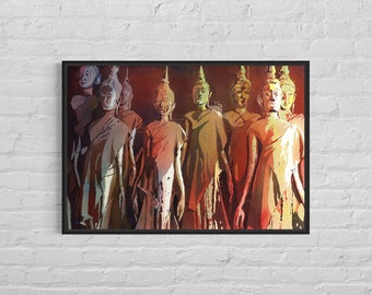 Watercolor painting Standing Buddha statues Vientiane Laos, Buddhism colorful home giclee Buddhist painting Laos handmade home decor (print)