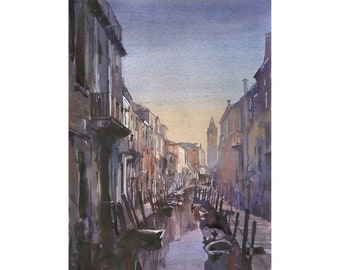 May include: Watercolor painting of a canal scene with buildings on either side. The buildings are various shades of brown and beige, with a blue sky above. Wooden poles line the canal, and a bridge is visible in the distance.