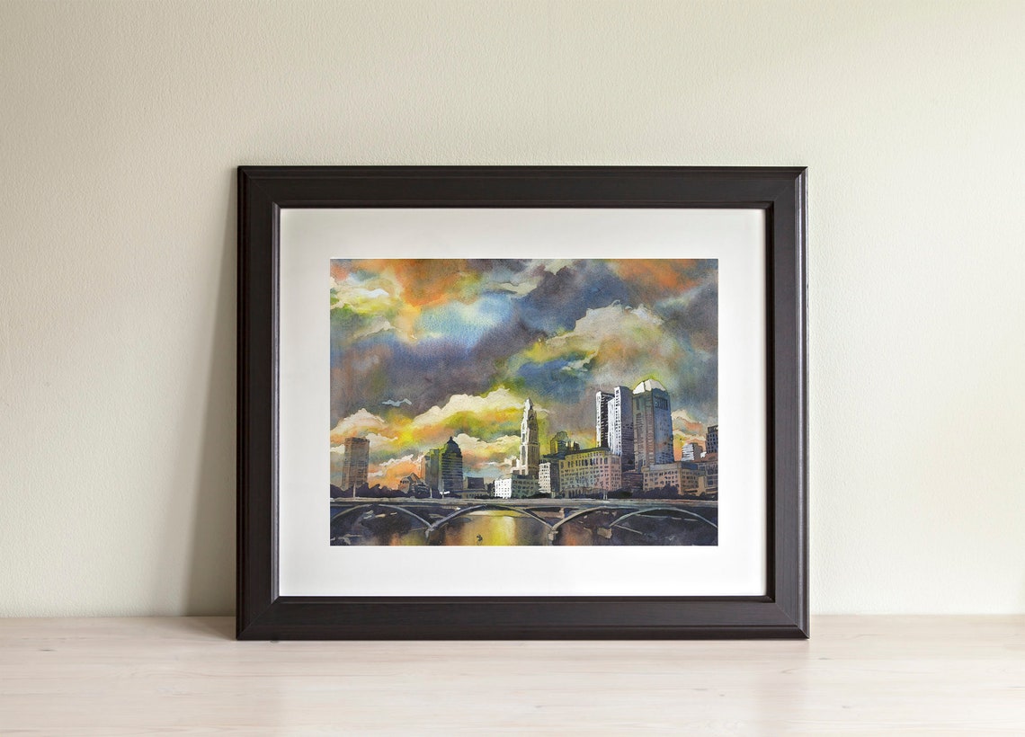 Columbus OH Skyline at Sunset. Watercolor Painting of Etsy