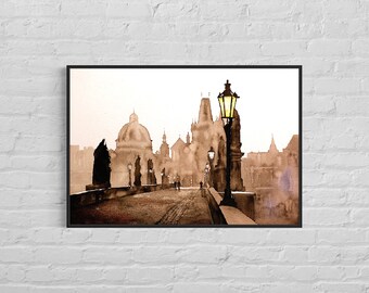 St. Charles Bridge in de stad Praag-Tsjechische Republiek. Kunst aquarel schilderij Praag kunst home decor Tsjechië schilderij beeldende kunst (print)