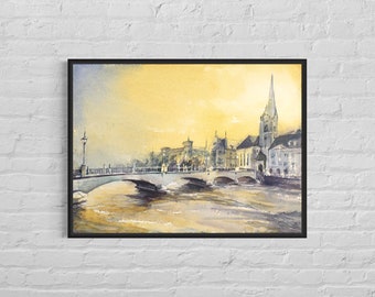 Watercolor painting Zurich skyline Switzerland travel essentials, trendy wall art apartment decor interior design sunset art giclee (print)