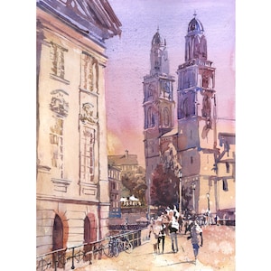 Watercolor landscape Zurich Switzerland travel essentials, art for house Swiss church trendy wall artwork religious architecture (print)