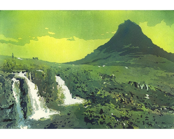 アイスランドのキルキュフェル山の水彩画、オリジナル風景画、スナイ