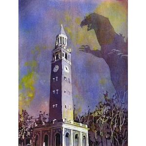 Cape Hill Aquarell Landschaftsmalerei, bunter Kunstaquarelldruck Tar Heel UNC Abschlussgeschenk Monster Art Glockenturm (Druck)