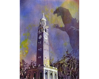 UNC Chapel Hill watercolor landscape painting, colorful art watercolor print Tar Heel UNC graduation gift monster art belltower (print)