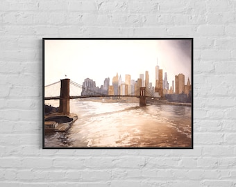 Brooklyn Bridge and skyscrapers of Manhattan at sunset in New York City- New York, USA.  Watercolor painting of Manhattan skyline (print)