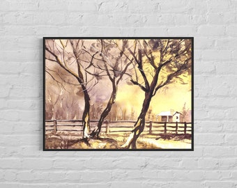 Barn fine art watercolor painting, sunset watercolor landscape artwork, watercolor giclee sunset landscape fine art print, art (print)