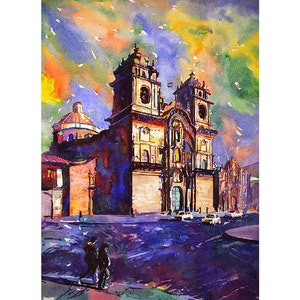 Colorful wall art Church Plaza de Armas city Cusco Peru watercolor painting Peruvian landscape fine art Cuzco giclee home decor art (print)