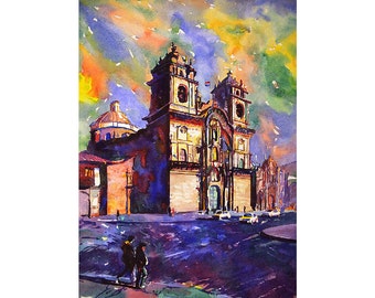 Colorful wall art Church Plaza de Armas city Cusco Peru watercolor painting Peruvian landscape fine art Cuzco giclee home decor art (print)