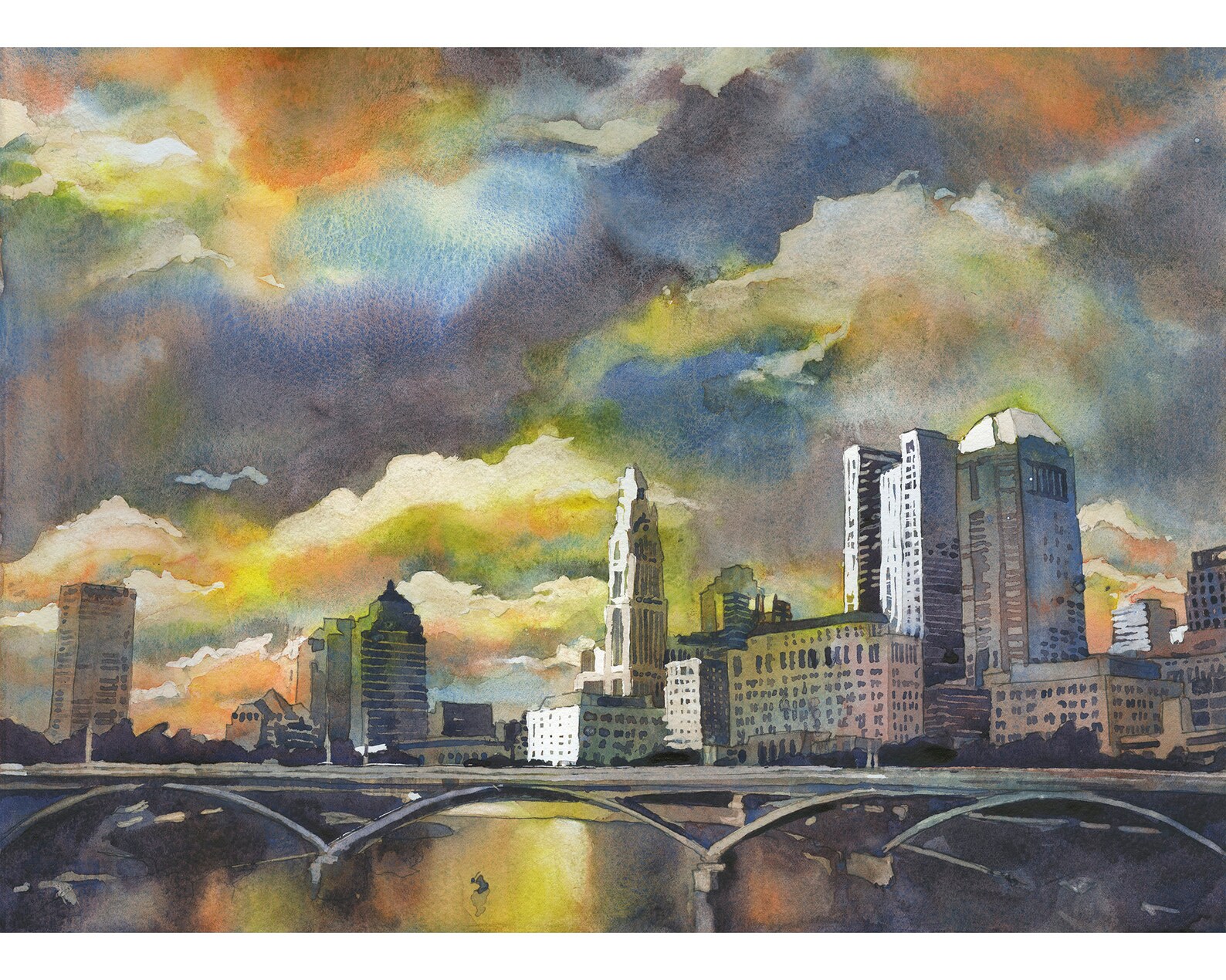 Columbus OH Skyline at Sunset. Watercolor Painting of Etsy