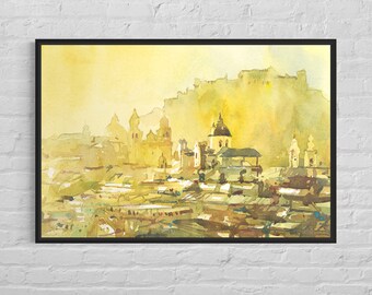 Salzburg Austria sunset landscape watercolor painting, trendy wall art handmade item Austrian architecture art for house giclee (print)