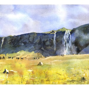 Stampa artistica ad acquerello di Seljalandsfoss, Islanda - Dipinto di paesaggio con cascata colorata, decorazione da viaggio nordica, opera d'arte murale panoramica per la casa