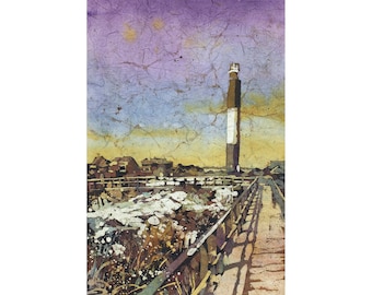 Phare d'Oak Island.  Peinture batik à l'aquarelle du phare d'Oak Island en Caroline du Nord. Phare OBX.  Peinture murale phare (impression)