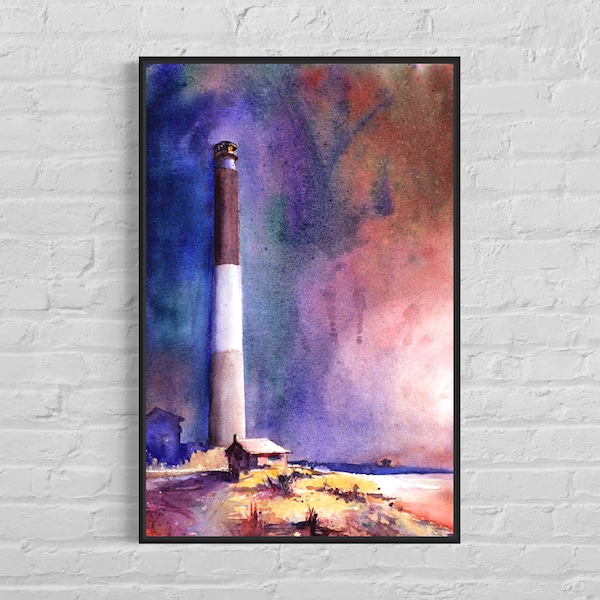 Peinture phare d'Oak Island, Caroline du Nord, maison de plage sur les Outer Banks, art mural tendance, aquarelle, article fait main, décoration d'intérieur (impression)