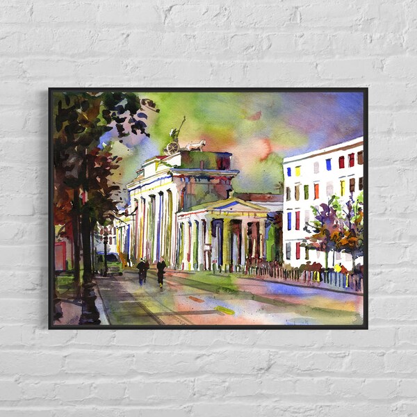 Brandenburg Gate Berlin Germany colorful watercolor painting travel essentials sunset home decor German landmark architecture giclee (print)