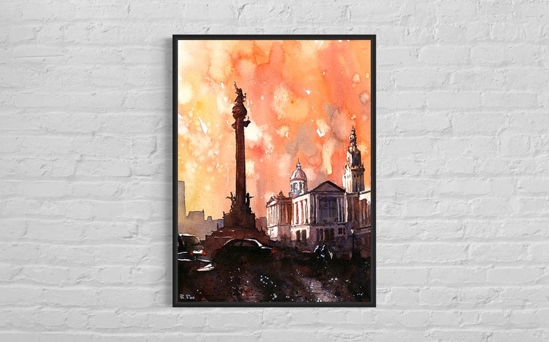 Barcelona Spain skyline watercolor painting art for house