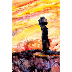 Colorful art Moai statue sunset Easter Island, Chile watercolor painting, archaeology home decor fine art print Easter Island art (original)